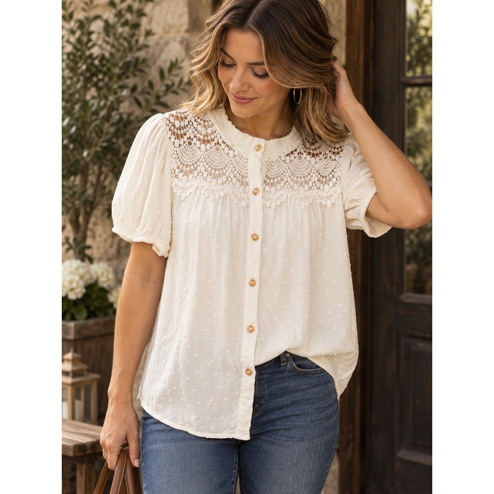 Philosophy Jr Studio Ivory Lace Swiss Dot Puff Sleeve Button Front Blouse